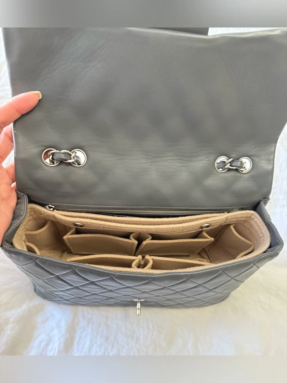 Chanel | Gray Jumbo Classic Single Flap Lambskin Shoulder Bag | Silver Tone HW